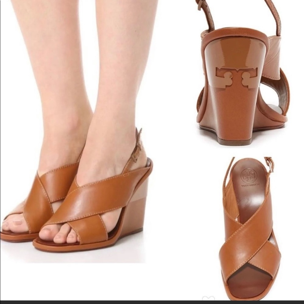 Tory Burch Gabrielle Crisscross Wedge Leather Sandals in Royal Tan (brown) sz 6 - Picture 7 of 7